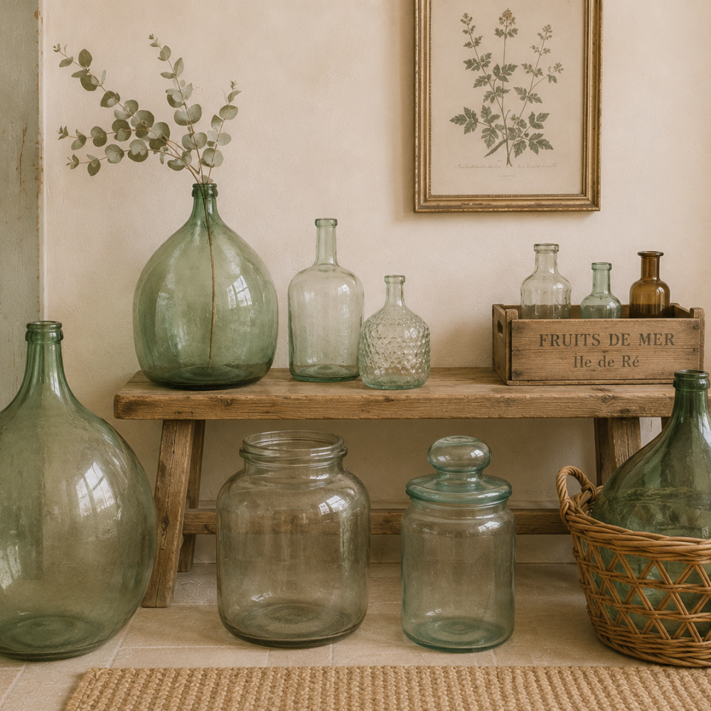 Damajuanas y objetos de vidrio decorativo